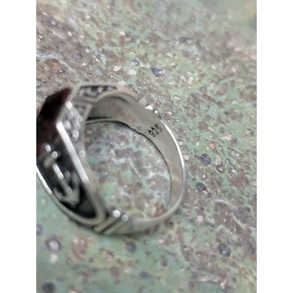 Mens Sterling Silver Red Gemstone Nautical Anchor Ring Size 11